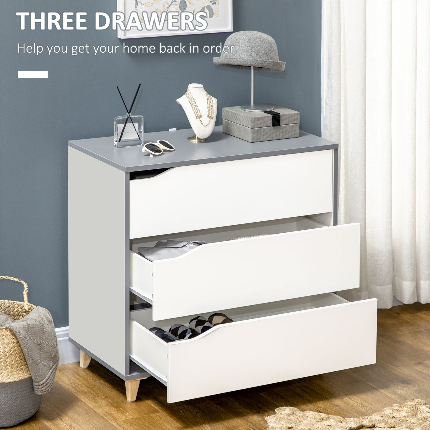 HOMCOM edroom Furniture Set, Wardrobe with Hanging Rail, 3 Drawer Chest of Drawers with Cut-out Handles, Grey and White