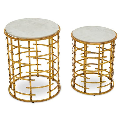 Art Deco Gold Frame Nesting Tables with Round White Marble Tops - Set of 2