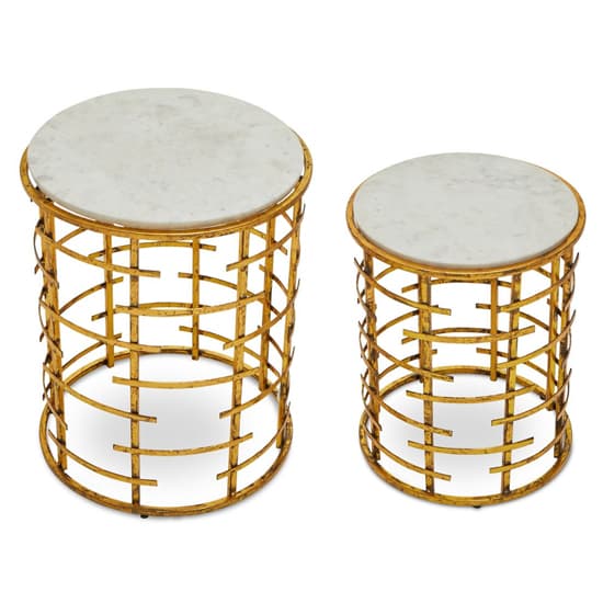 Art Deco Gold Frame Nesting Tables with Round White Marble Tops - Set of 2