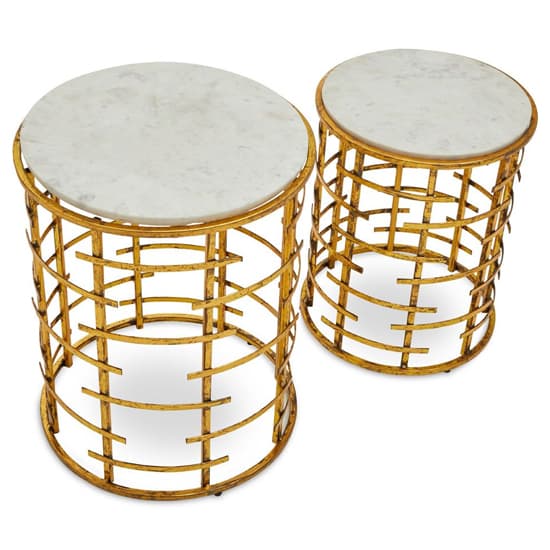 Art Deco Gold Frame Nesting Tables with Round White Marble Tops - Set of 2