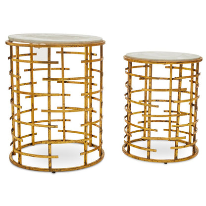 Art Deco Gold Frame Nesting Tables with Round White Marble Tops - Set of 2