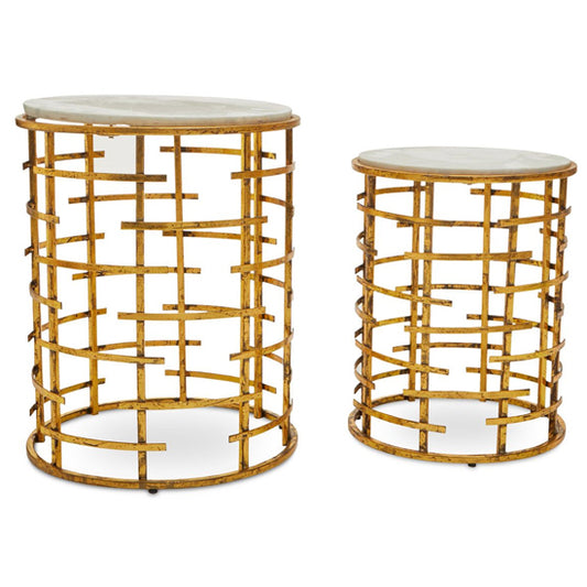 Art Deco Gold Frame Nesting Tables with Round White Marble Tops - Set of 2