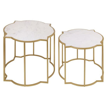 Mekbuda Set of 2 White Marble Top Side Tables with Gold Frame - Modern Stacking Accent Tables