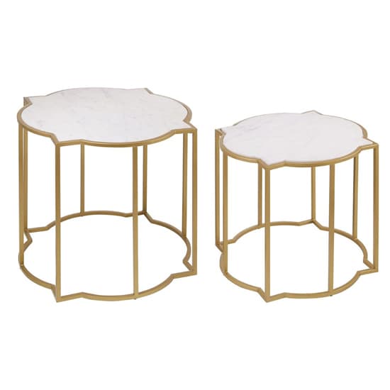 Mekbuda Set of 2 White Marble Top Side Tables with Gold Frame - Modern Stacking Accent Tables