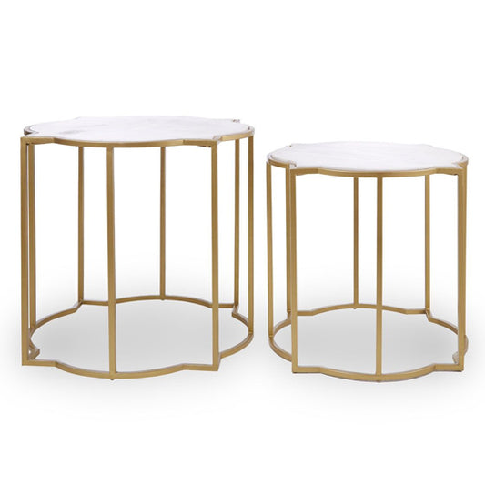 Mekbuda Set of 2 White Marble Top Side Tables with Gold Frame - Modern Stacking Accent Tables