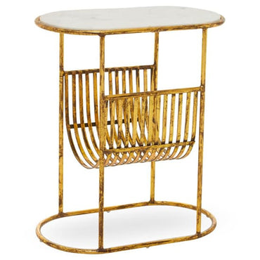 FURCO Chic Gold and White Marble Side Table with Magazine Rack