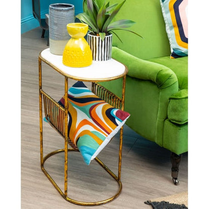 FURCO Chic Gold and White Marble Side Table with Magazine Rack