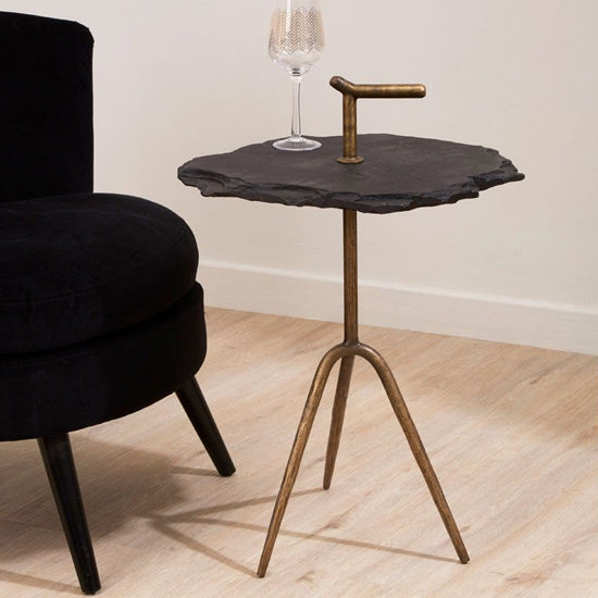 Organic Black Stone Side Table with Antique Brass Legs for Modern Living Rooms