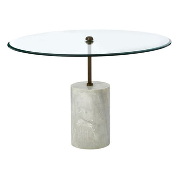 Contemporary Round Glass Side Table with White Marble Base and Antique Brass Stem