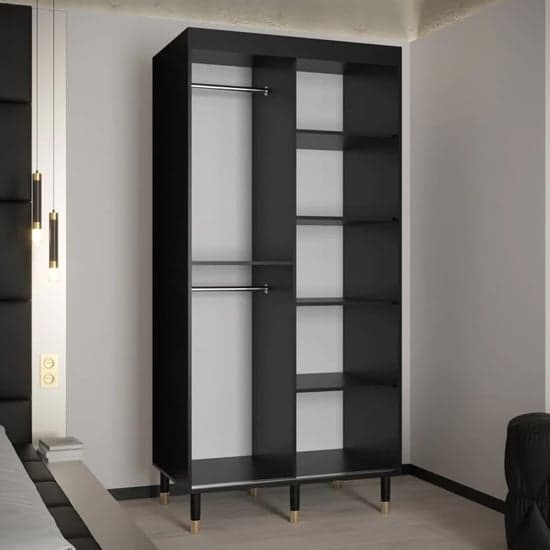 100cm Black Sliding Door Wooden Wardrobe with Shelves and Hanging Rails