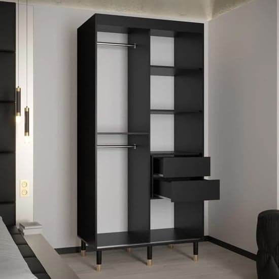 100cm Black Sliding Door Wooden Wardrobe with Shelves and Hanging Rails