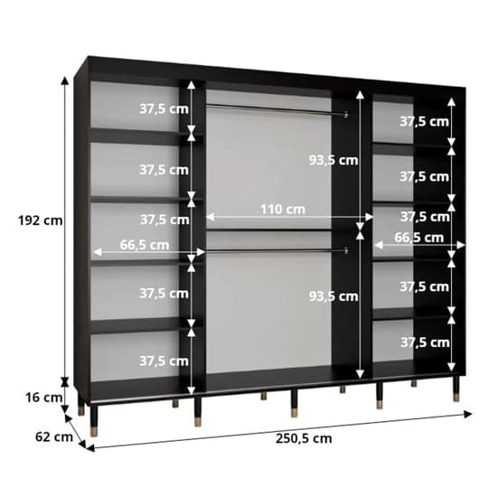 Metz I Wooden Wardrobe With 3 Sliding Doors 250cm In Black