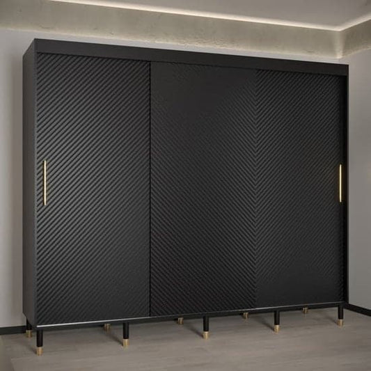 Metz I 250cm Black Wooden Wardrobe with 3 Sliding Doors and Ample Storage