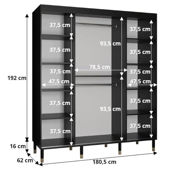 Metz II Mirrored Wardrobe With Sliding 2 Doors 180cm In Black