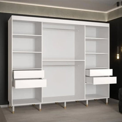 White 250cm Sliding Mirror Wardrobe with Full-Length Mirrors and Organized Interior