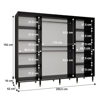 Black 250cm Sliding Door Wooden Wardrobe with Shelves and Hanging Rails