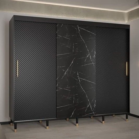 Black 250cm Sliding Door Wooden Wardrobe with Shelves and Hanging Rails