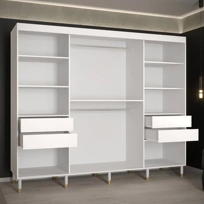 Metz 250cm White Wooden Sliding Door Wardrobe with Ample Storage and Modern Design