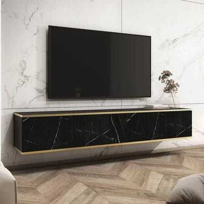 Floating Black Marble Effect Wooden TV Stand with 3 Doors