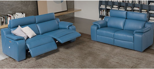 Mia Blue Leather 3+2 Electric Recliners Sofa Set With Adjustable Headrests And Wooden Legs Newtrend Available In A Range Of Leathers And Colours 10 Yr Frame 10 Yr Pocket Sprung 5 Yr Foam Warranty