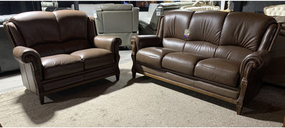 Mini Divani 3+2 Brown Round Arm Leather Sofa Set With Wooden Frame