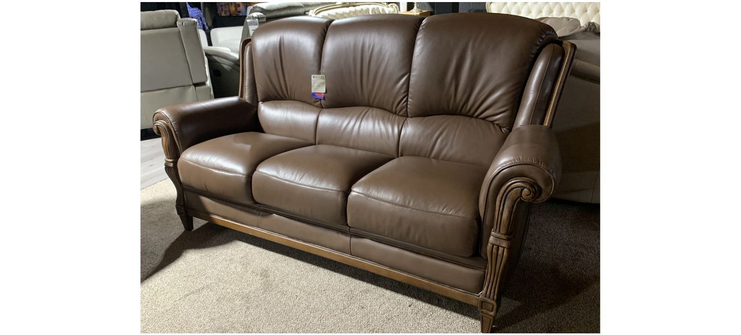 Mini Divani 3+2 Brown Round Arm Leather Sofa Set With Wooden Frame