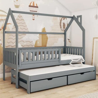 Graphite Wooden Single Trundle Bed with Pull-Out Mattress and Storage Drawers