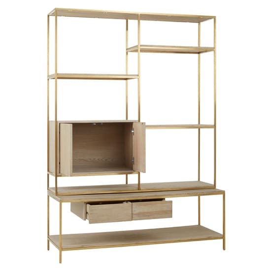 Contemporary Oak Wood Shelf Unit with Gold Steel Frame for Living Room