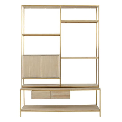 Contemporary Oak Wood Shelf Unit with Gold Steel Frame for Living Room