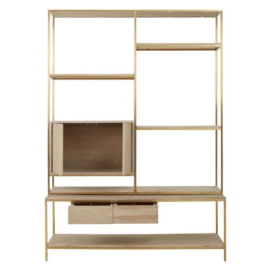 Contemporary Oak Wood Shelf Unit with Gold Steel Frame for Living Room