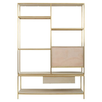 Contemporary Oak Wood Shelf Unit with Gold Steel Frame for Living Room