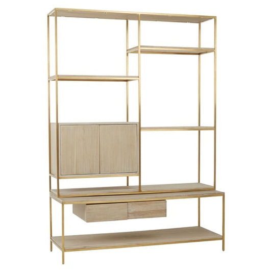 Contemporary Oak Wood Shelf Unit with Gold Steel Frame for Living Room