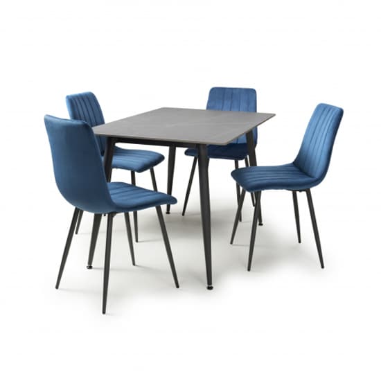 1.2m Grey Ceramic Dining Table with 4 Blue Velvet Chairs - Modern Dining Set