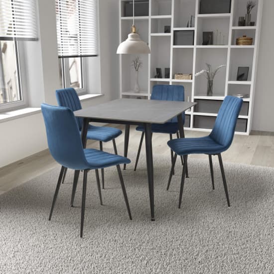 1.2m Grey Ceramic Dining Table with 4 Blue Velvet Chairs - Modern Dining Set