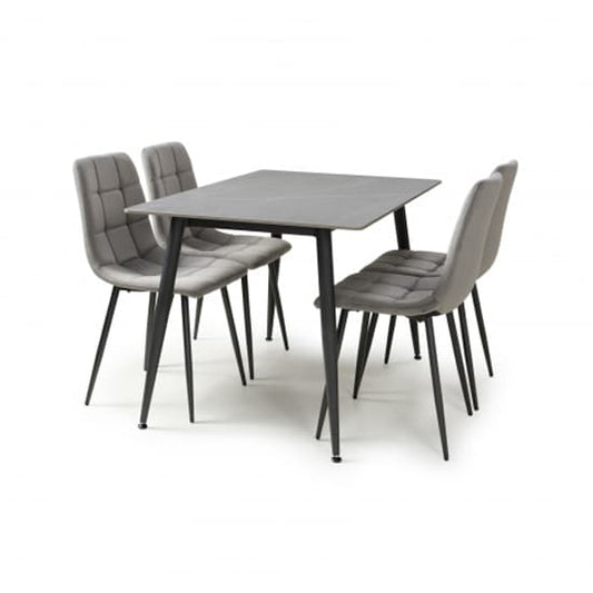 1.2m Grey Ceramic Dining Table with 4 Grey Brushed Velvet Chairs