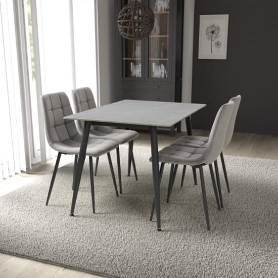 1.2m Grey Ceramic Dining Table with 4 Grey Brushed Velvet Chairs