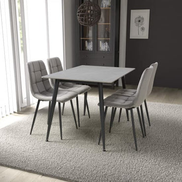 1.2m Grey Ceramic Dining Table with 4 Grey Brushed Velvet Chairs