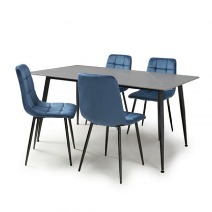 1.6m Grey Ceramic Dining Table with 4 Blue Velvet Chairs - Modern Dining Set