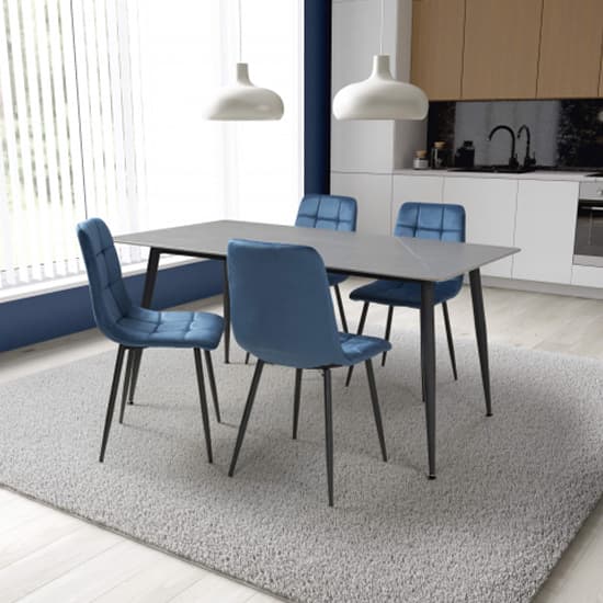 1.6m Grey Ceramic Dining Table with 4 Blue Velvet Chairs - Modern Dining Set