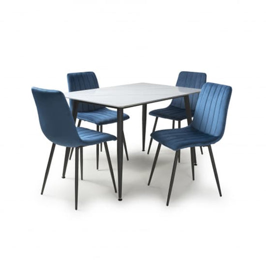 Modico 1.2m White Marble Ceramic Dining Table with 4 Blue Velvet Leuven Chairs