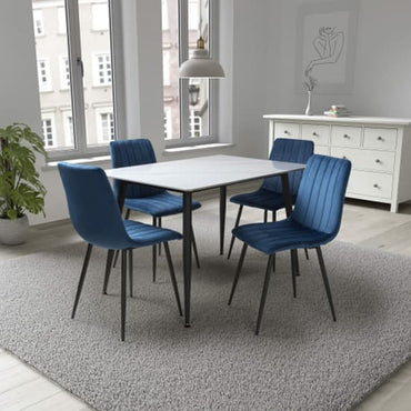 Modico 1.2m White Marble Ceramic Dining Table with 4 Blue Velvet Leuven Chairs