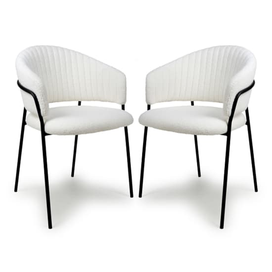 Monza White Boucle Fabric Dining Chairs With Black Legs In Pair