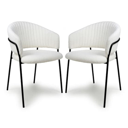 Monza White Boucle Fabric Dining Chairs With Black Legs In Pair