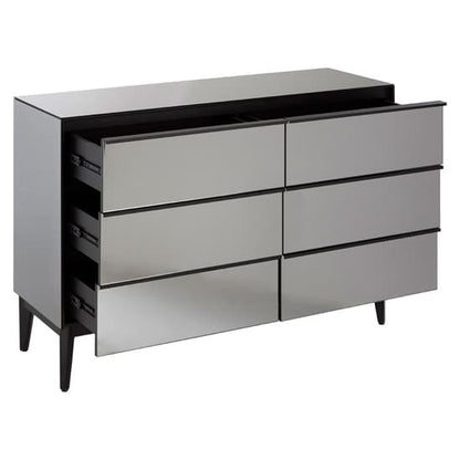 FURCO Grey and Black Mirrored Glass 6-Drawer Chest for Bedroom Storage