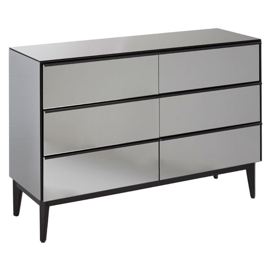 FURCO Grey and Black Mirrored Glass 6-Drawer Chest for Bedroom Storage