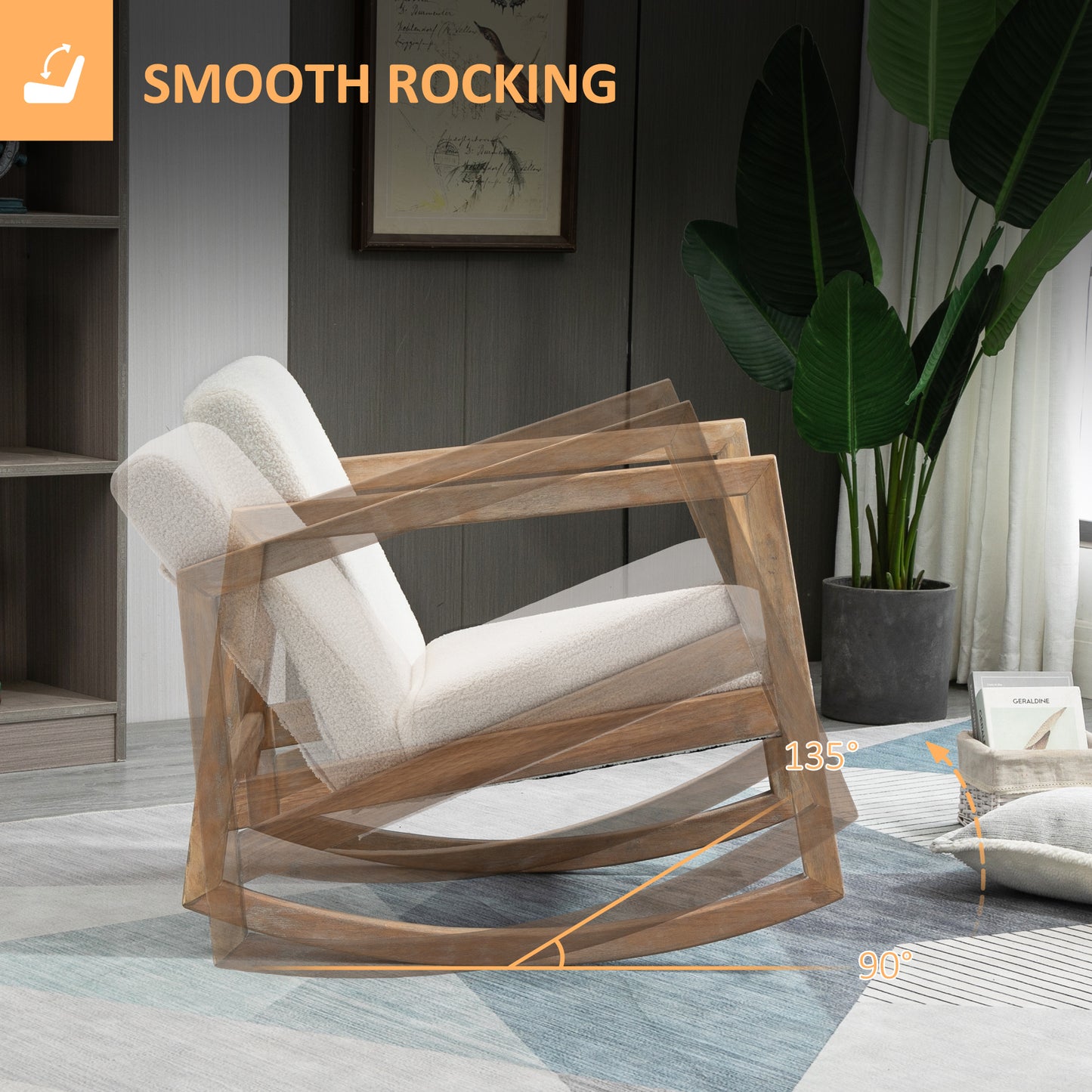 HOMCOM ocking Chair, Upholstered Sofa Armchair with Cushion and Wood Base for Living Room and Bedroom, Cream White