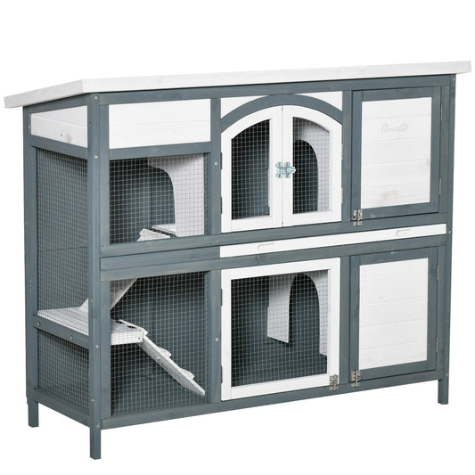 PawHut Rabbit Hutch Outdoor Guinea Pig Hutch 2 Tier Wooden Cage w/ Ramp, Divider, Openable Roof, 125 x 48 x 100cm - Grey