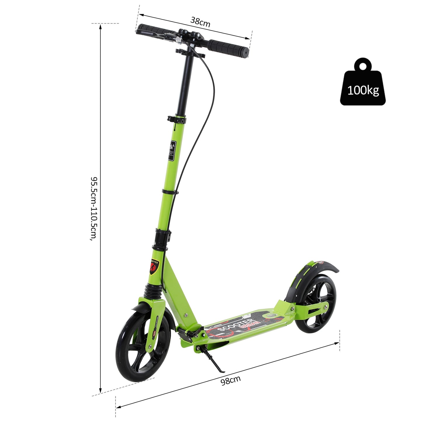 HOMCOM ick Scooter, Folding 2 Wheel Scooter for 14+ Teens Adults, with Dual Brake System, Dual Suspension, 230mm Big Wheels, 3 Adjustable Handlebar, up to 100KG, Green