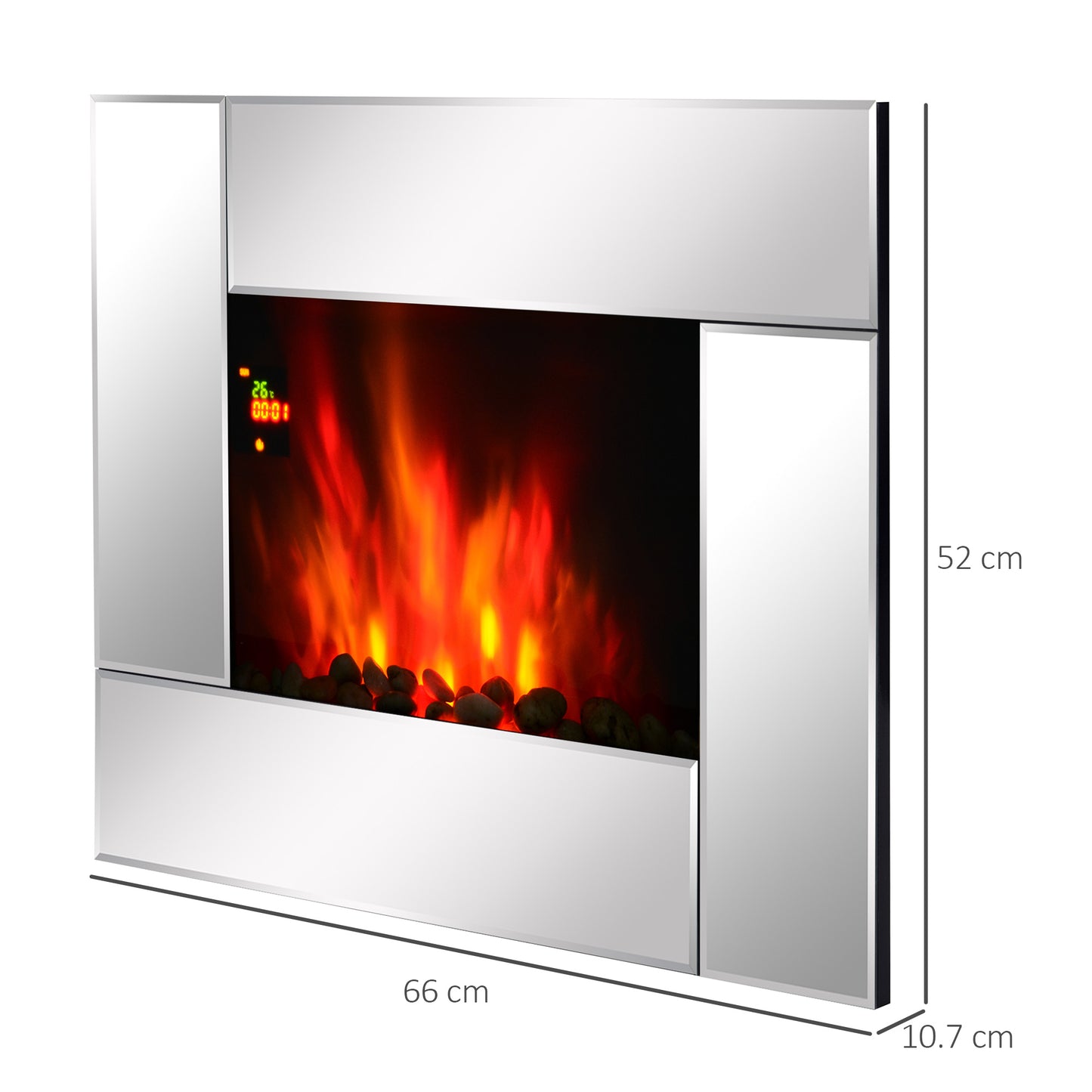 HOMCOM all Mount Electric Fireplace Heater, Flame Effect,Tempered Glass-Silver