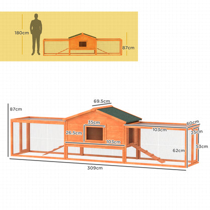 PawHut Wooden Rabbit Hutch with Run, Tray, Ramps, Asphalt Roof, 309 x 70 x 87cm, Orange